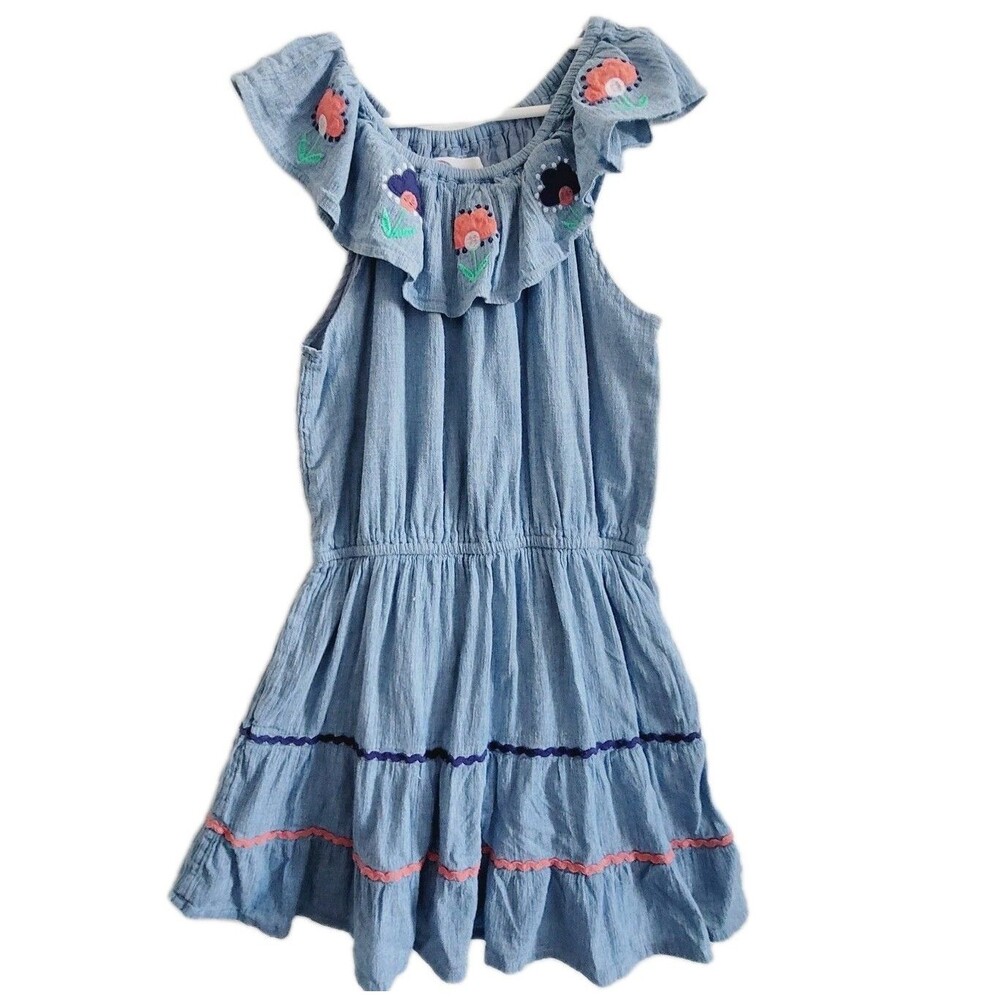 Mini Boden Girl’s Size 7-8 Years Blue Chambray with Embroidered flowers  Dress